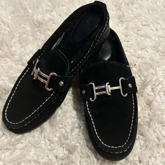COLE HAAN BLACK SUEDE HORSEBIT LOAFER SLIDERS B 161 D20689 F 7.5B 👠S21 - Picture 1 of 9